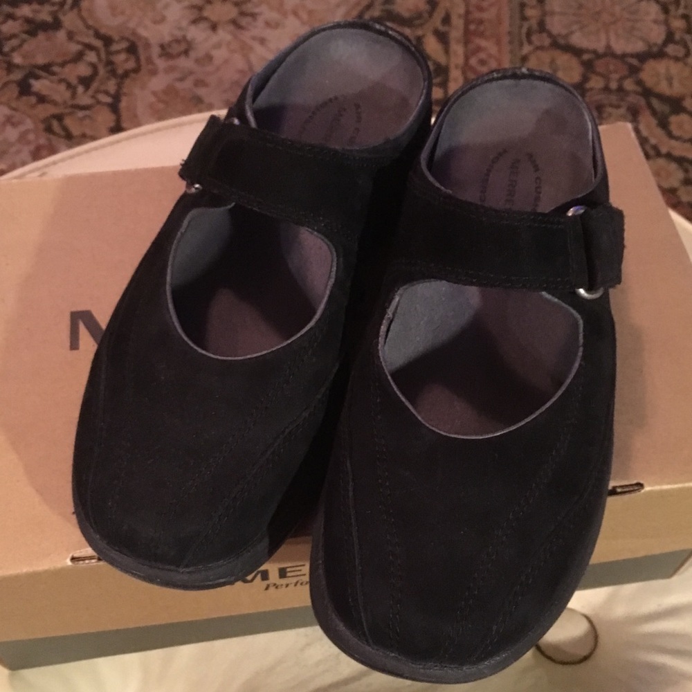 Merrell brand black suede Mary Jane backless clog